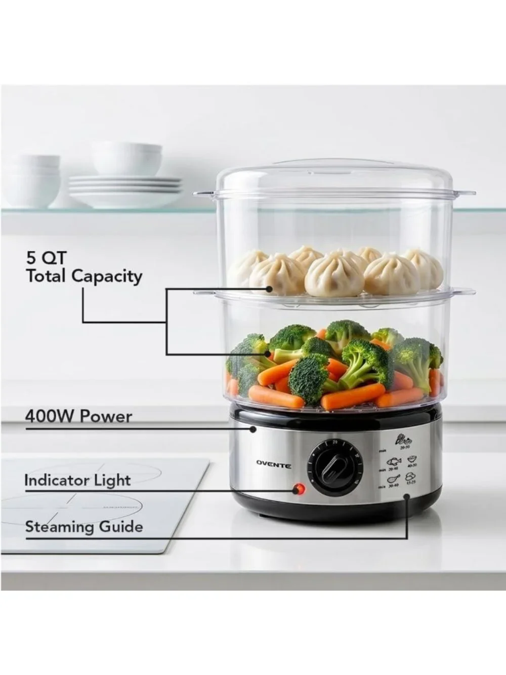 2-Tier Stainless Steel Electric Food Steamer, 5 Qt, Stackable, 400W, Timer